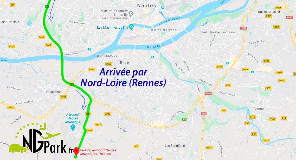 En venant du nord ou du sud, vous passez l'aéroport en direction de Saint-Aignan-de-Grand-Lieu toujours tout droit puis au rond-point avec le monument, prenez la dernière sortie, nous sommes à 15 mètres à gauche Accès au parking NGPark, parking à 3 minutes de l'aéroport de Nantes Atlantique. Parking pas cher, économique, mais pas gratuit quand même.